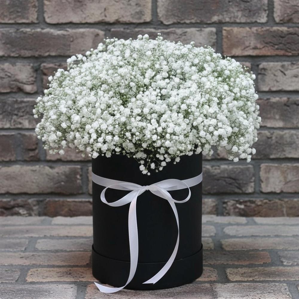 Цветочная композиция из Гипсофила в шляпной коробке в Панахесе