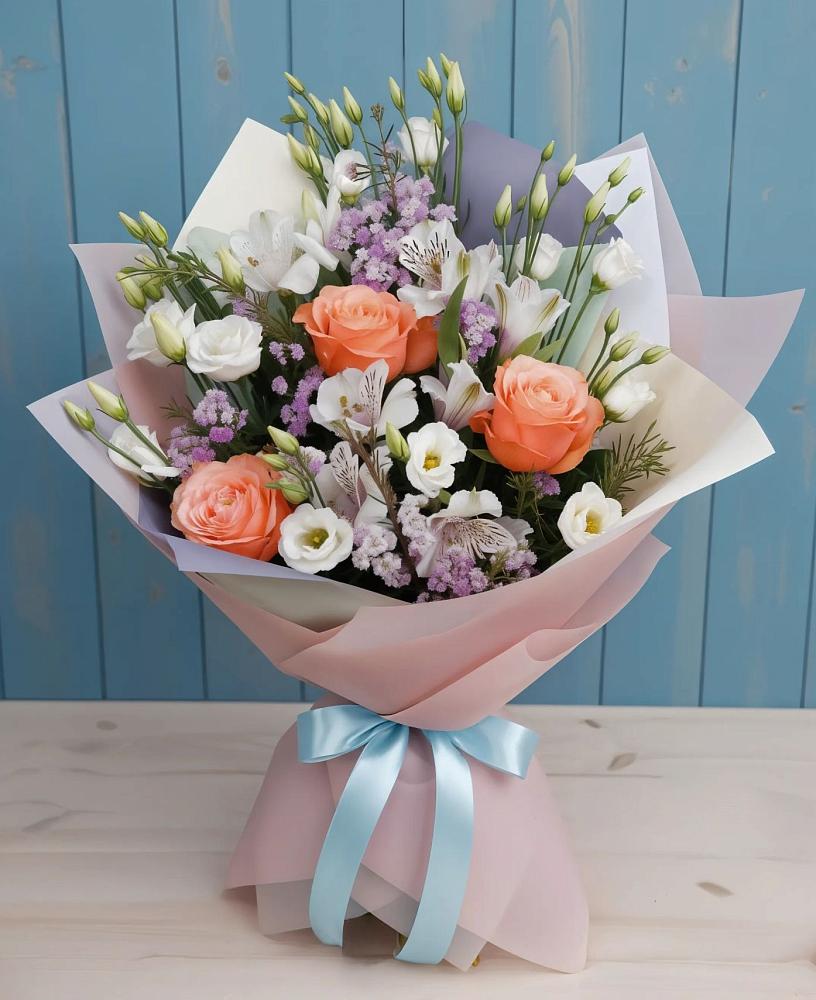 Букет цветов из: Лизиантусы, Розы, Альстромерии и Гипсофила в Панахесе